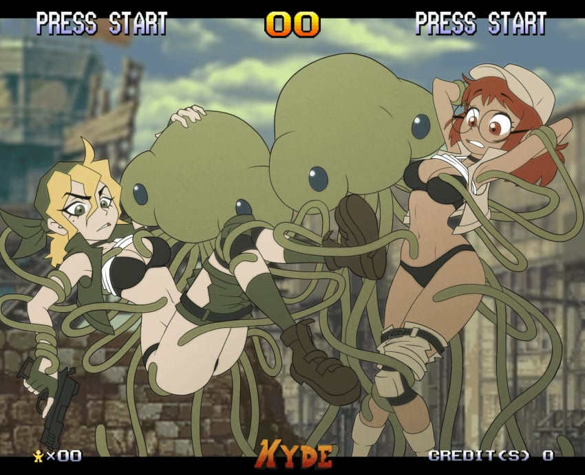 2girls alien angry animated armpits arms_up assisted_exposure black_panties blonde_hair breast_grab breasts caress caressing cleavage clothed clothing clothing_lift eri_kasamoto fio_germi glasses imminent_rape imminent_sex kyde lifted lifted_by_tentacles mars_people martian_(metal_slug) metal_slug military military_uniform panties pants_pull red_hair restrained restrained_by_tentacles stripped_by_tentacles suspended_via_tentacles tentacle tentacles_around_arms tentacles_around_legs tentacles_on_breasts torn_clothes torn_pants video_game video_game_character video_games