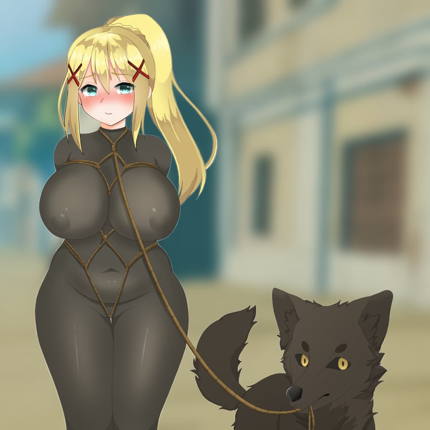 animal_holding_leash bbw bitch_taken_for_walk blonde_hair bodysuit bondage canine chubby darkness_(konosuba) dominant_feral embarrassed female femsub feral kono_subarashii_sekai_ni_shukufuku_wo! ladysuccubus leash plump public restrained rope size_difference small_dom_big_sub zoophilia