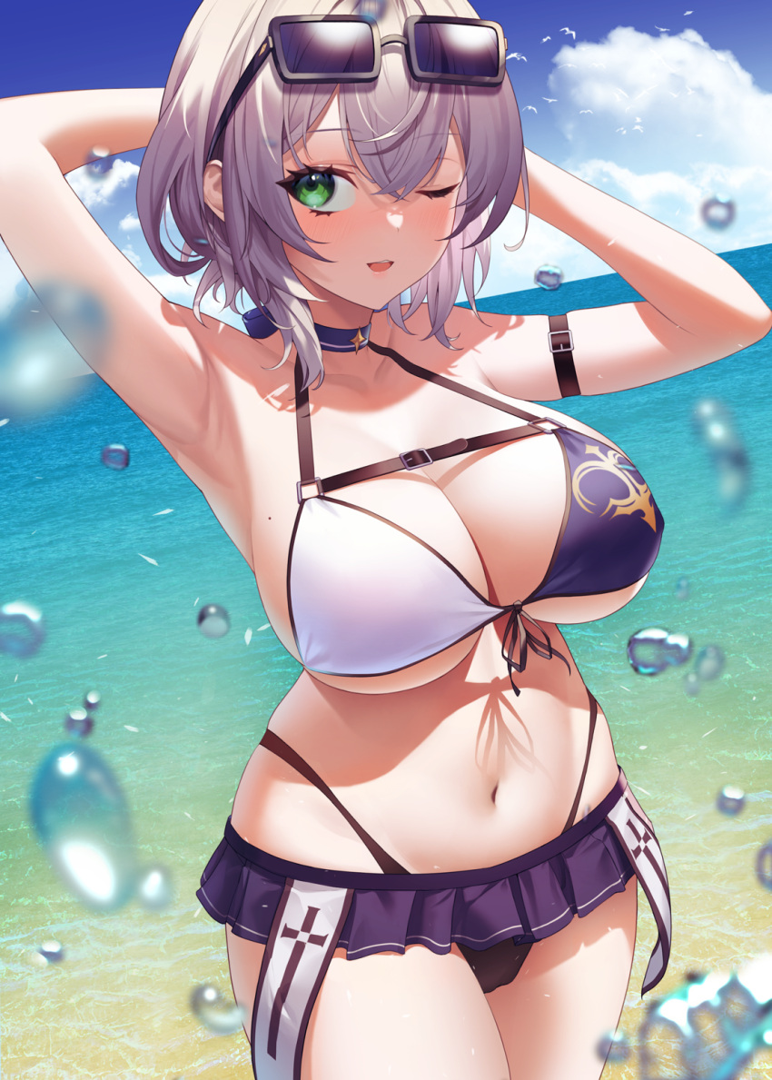 1girls 2021 armpits aya_(lezon) bare_shoulders bikini bird blue_sky breasts bubble choker cleavage cloud cowboy_shot day eyewear_on_head female female_only front-tie_bikini front-tie_top green_eyes highleg highleg_bikini highres hololive hololive_fantasy hololive_japan horizon large_breasts looking_at_viewer microskirt mole mole_on_breast multicolored multicolored_bikini multicolored_clothes ocean one_eye_closed outdoors seagull shirogane_noel short_hair silver_hair skirt sky smile solo summer sunglasses swimsuit virtual_youtuber yaye