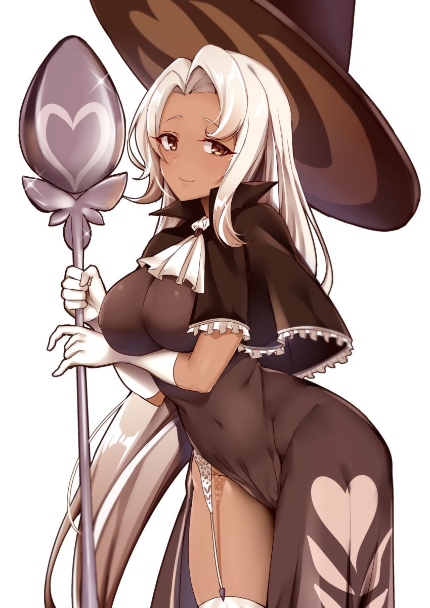 1girls ascot big_breasts breasts brown_eyes capelet cookie_run dark-skinned_female dress garter_belt garter_straps gloves gradient_hair highlights humanized jabot latte_cookie_(cookie_run) long_hair navel thick_thighs thighhighs thighs tight_clothing white_hair witch_hat zuzucurry