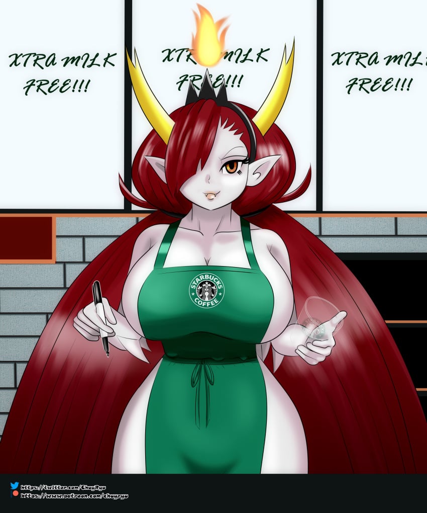 1girls apron big_breasts breasts chuyryu disney disney_channel female hair_over_one_eye hekapoo horns huge_breasts humanoid iced_latte_with_breast_milk large_breasts long_hair looking_at_viewer meme naked naked_apron one_eye_covered pointy_ears red_hair solo solo_female star_vs_the_forces_of_evil starbucks thick_thighs very_long_hair white_skin wide_hips