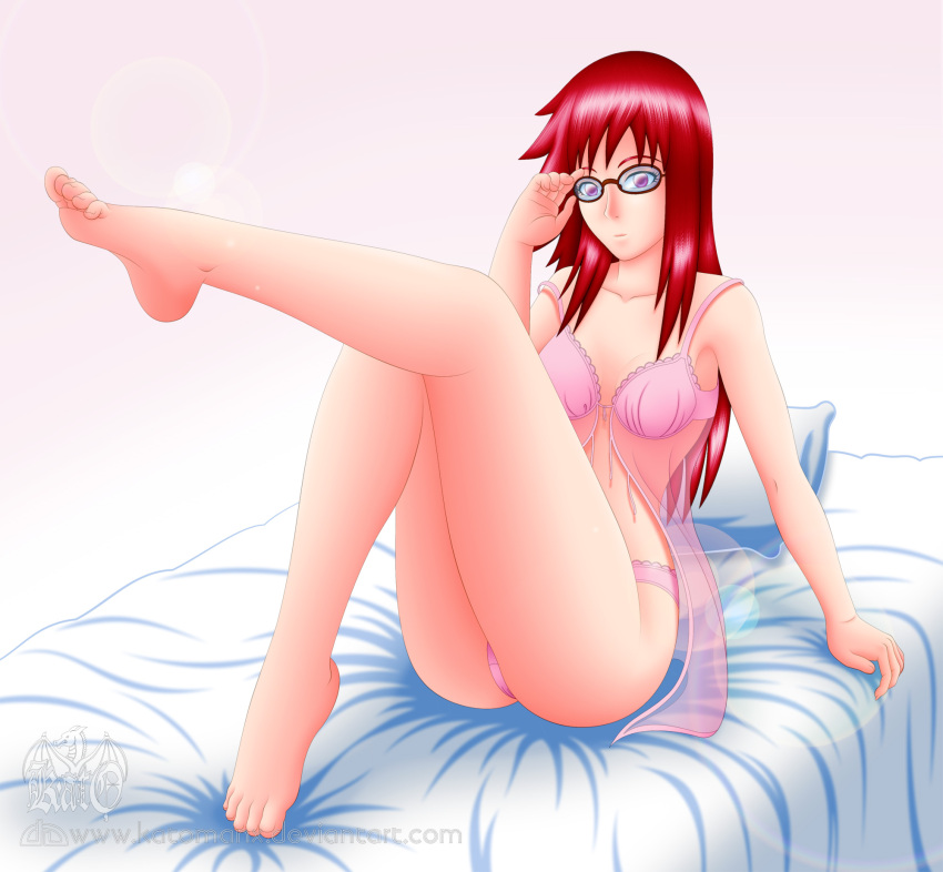 1girls adjusting_glasses babydoll bare_legs bare_shoulders barefoot bra eyewear feet female female_only glasses katomanx lingerie looking_at_viewer matching_hair/eyes midriff naruto naruto_(series) naruto_shippuden negligee on_bed panties red_eyes red_hair sitting solo solo_focus toes uzumaki_karin