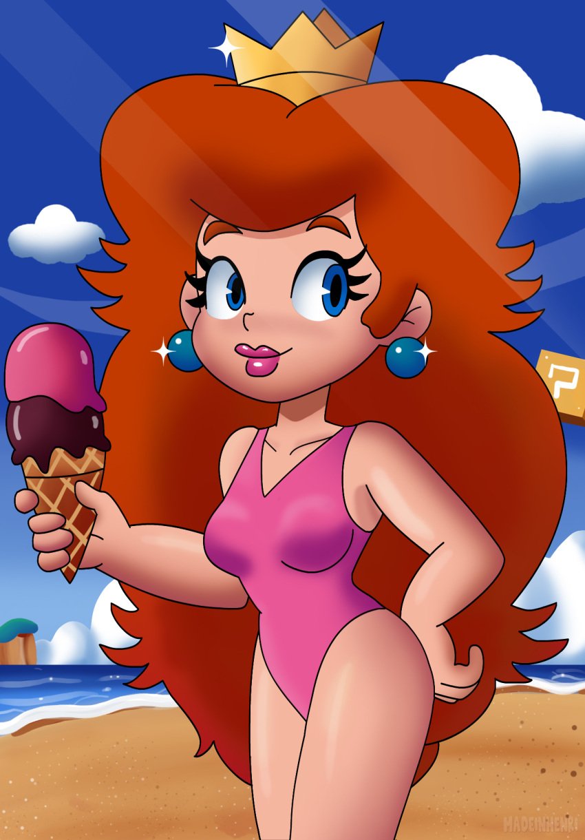 1girls ?_block bare_shoulders beach blue_eyes breasts clothing crown dic_entertainment earrings female female_only human human_only ice_cream leotard light-skinned_female light_skin lips lipstick long_hair madeinhenri mario_(series) medium_breasts nintendo one-piece_swimsuit pac-man_eyes pearl_earrings pink_lipstick princess_peach princess_toadstool princess_toadstool_(dic_cartoons) red_hair smile solo strawberry_blonde_hair swimsuit swimwear the_super_mario_bros._super_show! thick_eyebrows wide_hips