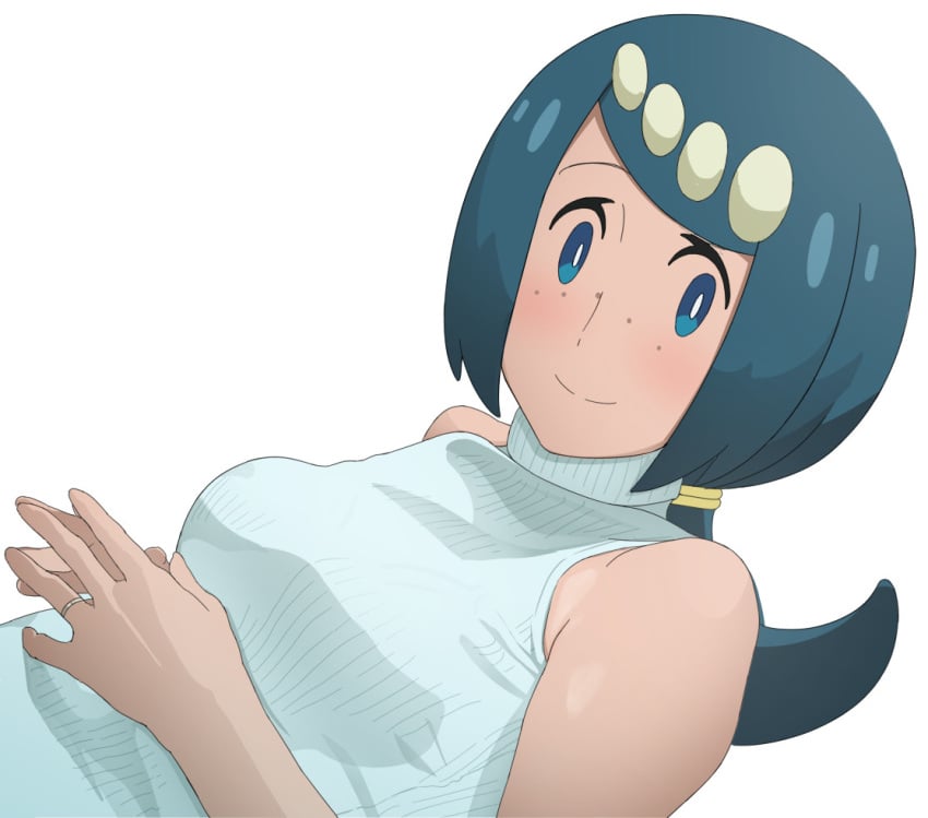 1girls blue_eyes blue_hair freckles hair_ornament hi_res highres human lana's_mother_(pokemon) milf mob_face namidate nintendo pokemon pokemon_sm solo tied_hair white_background