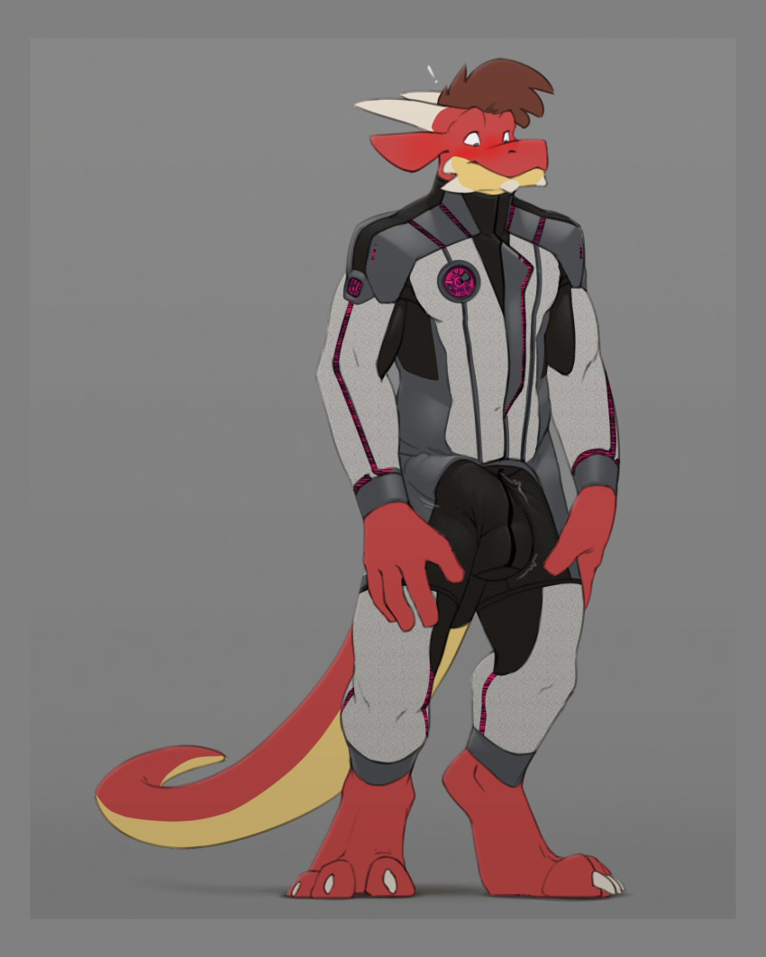 ! 3_toes 4_fingers anthro barefoot blush bulge clothed clothing digitigrade dragon feet fingers hair hi_res horn looking_down male nitrosimi96 red_body solo surprised_expression toes zack_(nitrosimi96)