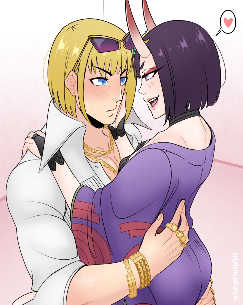 1boy 1girls blonde_hair blue_eyes blush bob_cut bracelet carrying carrying_partner choker dangerousbride eye_contact fate/grand_order fate_(series) female flat_chest hand_on_cheek heart highres horns japanese_clothes jewelry kimono male medium_hair necklace oni oni_horns pink_lips purple_eyes purple_hair ring sakata_kintoki_(fate) shirt shuten_douji_(fate) smile speech_bubble sunglasses sunglasses_on_head