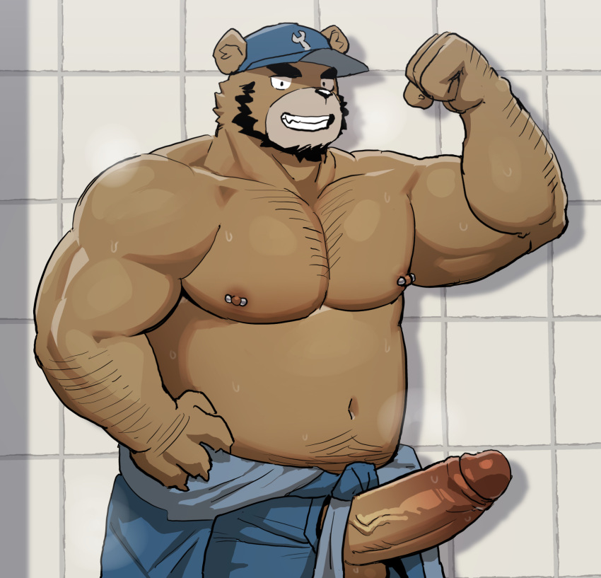 2021 anthro balls bara bear_(ggu) beard belly clothing erection facial_hair genitals ggu_open hat headgear headwear hi_res humanoid_genitalia humanoid_hands humanoid_penis kemono male mammal moobs musclegut navel nipples penis solo ursid