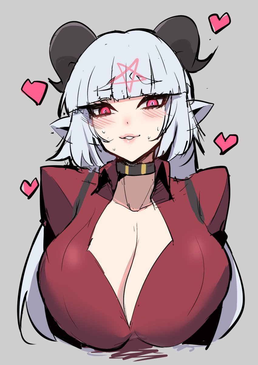 1girls animal_ears bangs baphomet_(grizz) blush breasts choker cleavage clothed clothing demon_girl female_only funaya_(a2brasd) grey_background heart helltaker highres horns huge_breasts long_hair looking_at_viewer parted_lips pentagram red_eyes simple_background solo upper_body white_hair