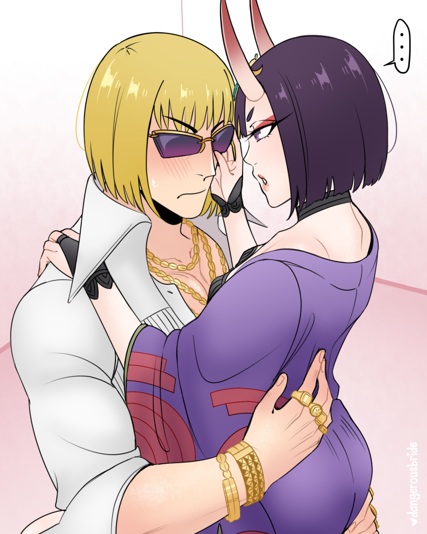 ... 1boy 1girls blonde_hair blush bob_cut bracelet carrying carrying_partner choker dangerousbride embarrassed fate/grand_order fate_(series) female flat_chest highres horns japanese_clothes jewelry kimono male medium_hair necklace oni oni_horns pink_lips purple_eyes purple_hair ring sakata_kintoki_(fate) shirt shuten_douji_(fate) speech_bubble sunglasses