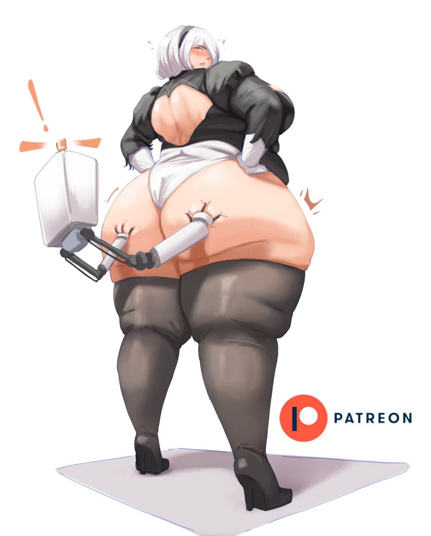 ass ass_grab back_cutout bbw blindfold boots breasts clothing_cutout ekusupanshon fat female gloves hairband high_heel_boots high_heels huge_ass huge_breasts leotard long_sleeves looking_back nier:_automata nier_(series) obese pod_(nier) puffy_sleeves short_hair silver_hair solo standing thick_thighs thighs white_background yorha_2b