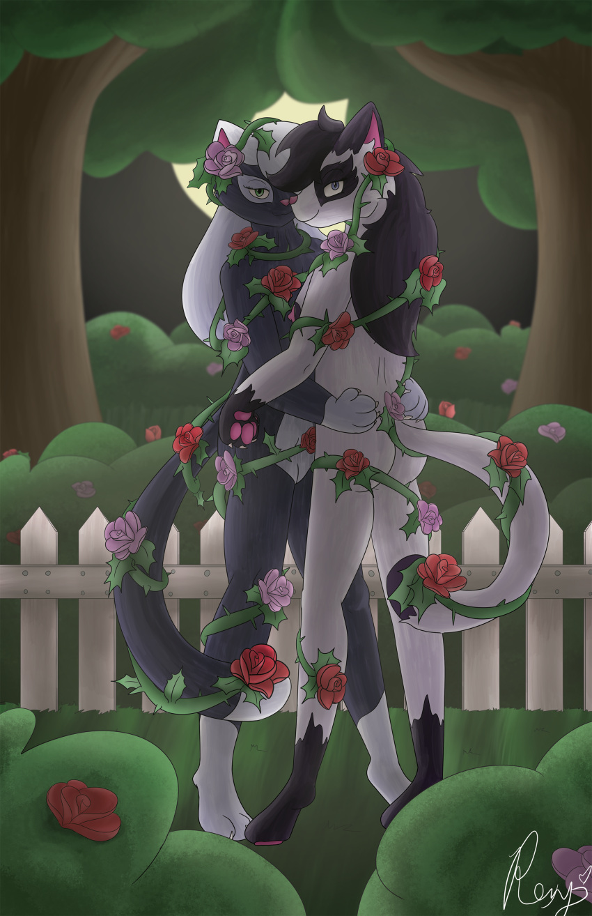 absurd_res anthro breasts dark duo female female/female flower genitals hi_res hug light moon moonlight night nude plant pussy rose_(flower) roxythefoxy thorns yuri