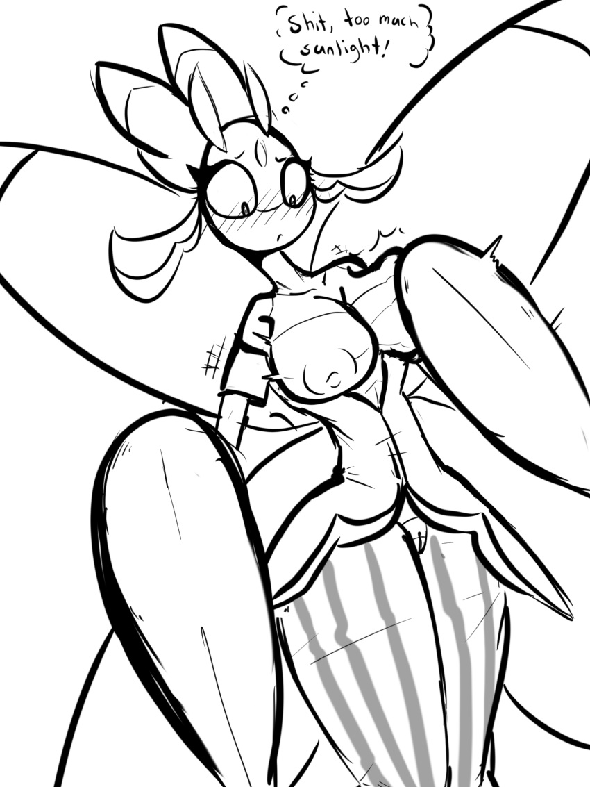 3:4 anthro blush breast_expansion breast_growth breasts dialogue expansion exposed_breasts female genitals greyscale growth hi_res holding_breast l0ad1ng lora_lentos lurantis monochrome nintendo pokémon_(species) pokemon pokemon_(species) pussy simple_background thick_thighs thought_bubble video_games