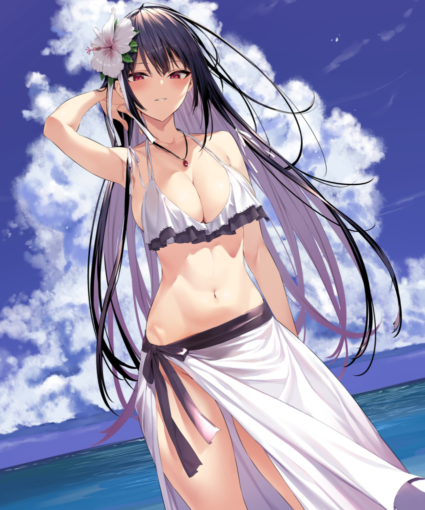 bangs bare_shoulders beach bikini bikini_top black_hair blue_sky blush breasts clavicle cleavage female female flower hair_flower hair_ornament haitekudasai_takamine-san high_resolution hiiragi_yuuichi jewelry large_breasts long_hair looking_at_viewer navel necklace ocean red_eyes sarong sky smile swimsuit takamine_takane thighs white_bikini white_swimsuit