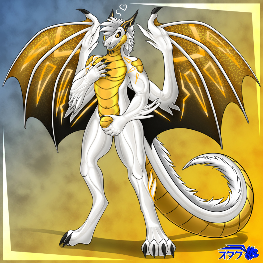 1:1 4_toes 5_fingers anthro bulge dragon feet fingers glistening glistening_body hand_on_bulge hand_on_chest heart horn male otakuwolf smile sol solo toes white_body