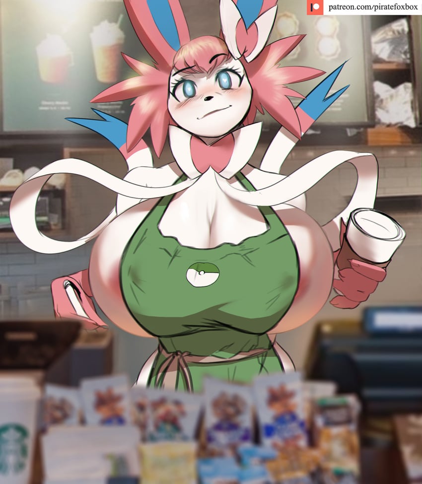 anthro breasts cleavage female huge_breasts iced_latte_with_breast_milk large_breasts meme piratefoxbox pokémon_(species) pokemon sex starbucks tail