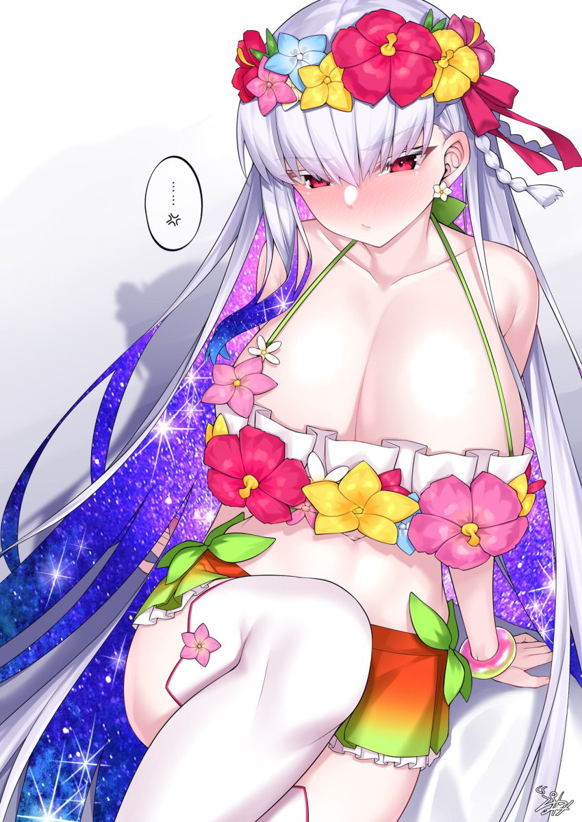 alternate_costume big_breasts blush cleavage curvy fate/grand_order fate_(series) galaxy_hair huge_breasts kama_(fate/grand_order) kama_(swimsuit_avenger)_(fate) long_hair looking_at_viewer mature_female midriff pale-skinned_female pale_skin red_eyes silver_hair sitting swimsuit thighhighs watosu_(watosu_mama)