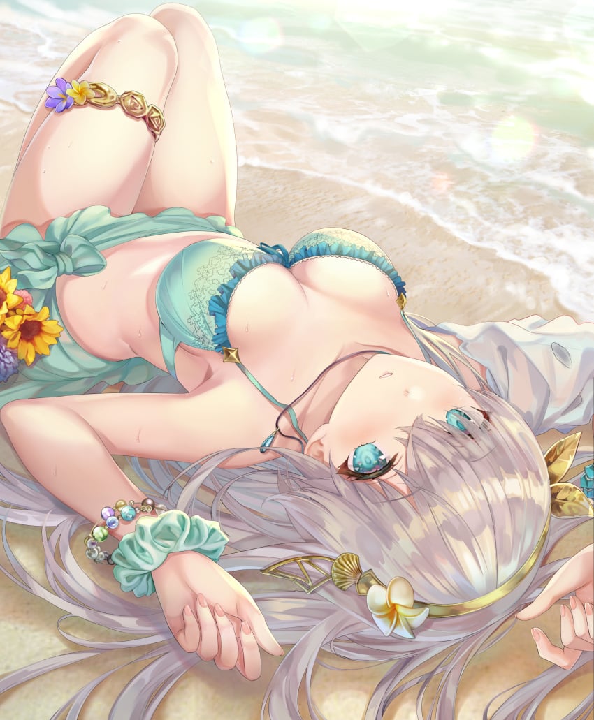 anastasia_(fate) anastasia_nikolaevna_romanova_(fate) aqua_bikini aqua_eyes aqua_swimsuit bangs bare_shoulders bead_bracelet beads bikini blush bracelet breasts clavicle cleavage extremely_large_filesize fanbox_reward fate/grand_order fate_(series) female flower garter hair_flower hair_ornament hair_over_one_eye hairband high_resolution jewelry knees_up large_breasts large_filesize long_hair looking_at_viewer lying on_back paid_reward parted_lips scrunchie silver_hair solo swimsuit thighlet thighs torino_akua very_high_resolution wrist_scrunchie