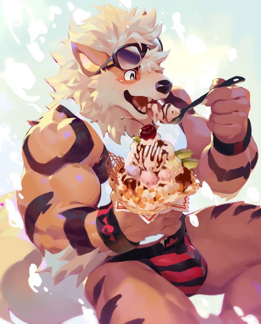 1boy 5_fingers absurd_res anthro arcanine bara barazoku biceps biped black_fur black_nose black_underwear bracelet bracelets briefs bulge canid canine canis cloud clouds cute detailed detailed_background detailed_fur ear eating fangs fog fur furry happy hi_res high_resolution highres ice_cream male male_only multicolored_body multicolored_fur muscle muscular muscular_male nintendo null-ghost orange_body orange_fur penis_bulge pokémon_(species) pokemon pokemon_(species) pokemon_rgby realistic red_underwear source_request spoon striped_fur stripes summer sunglasses tagme tank_top two_tone_underwear underwear video_games white_tank_top wholesome yellow_fur