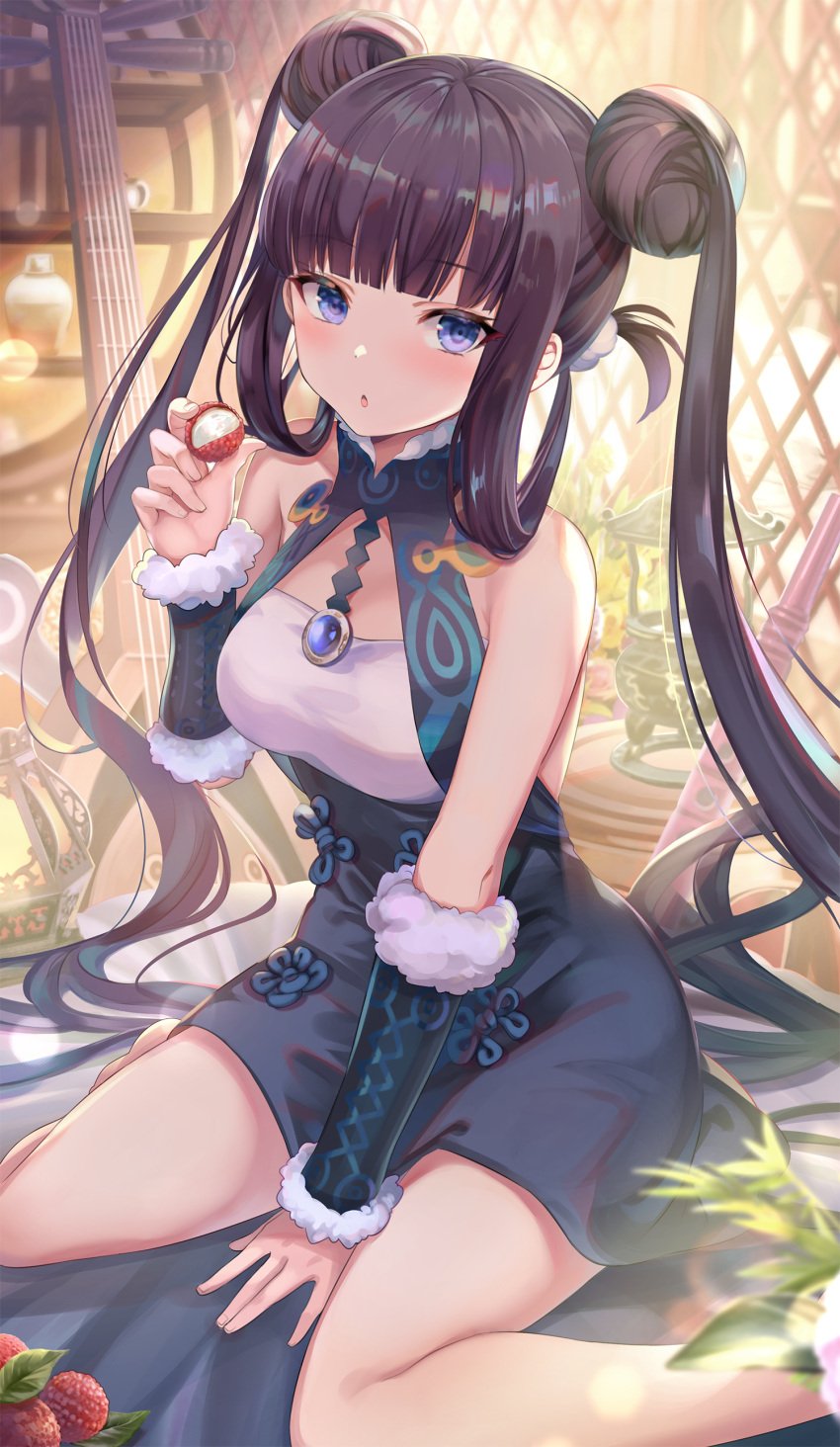 1girls asian_clothes bangs bare_shoulders black_dress black_hair blue_eyes blunt_bangs blush breasts china_dress chinese_clothes detached_sleeves double_bun dress eyebrows_visible_through_hair fate/grand_order fate_(series) female female_only food fruit hair_bun hair_ornament high_resolution holding large_breasts large_filesize long_hair looking_at_viewer lychee purple_hair sidelocks sitting smile solo thighs tied_hair torino_akua twintails very_high_resolution very_long_hair yang_guifei_(fate) yang_guifei_(fate/grand_order)