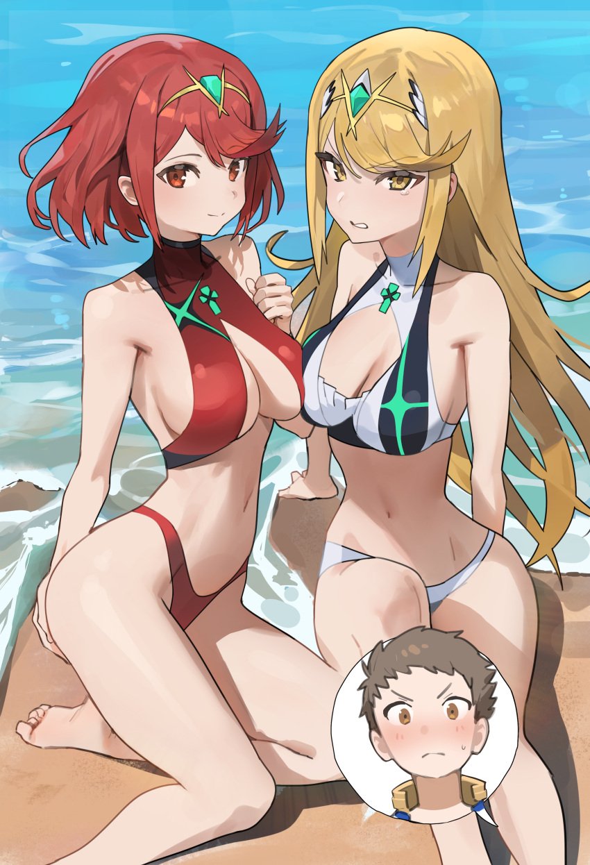 1boy beach belly belly_button bikini blonde_hair breasts flirting hood_x_art midriff multiple_girls mythra pout pov pyra rex_(xenoblade) swimsuit threesome xenoblade_(series) xenoblade_chronicles_2