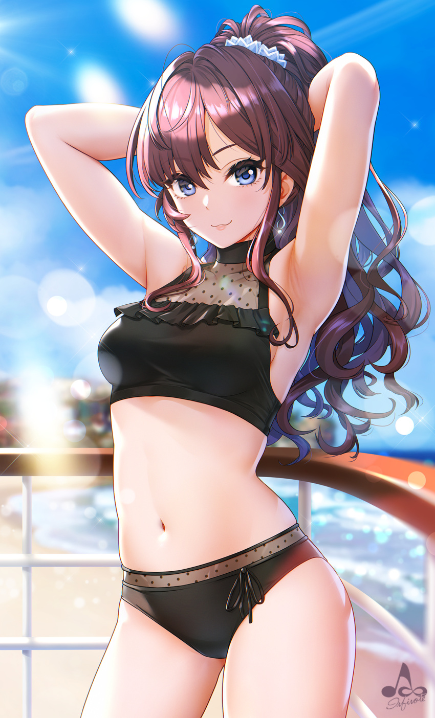 :3 ahoge armpits arms_behind_head arms_up artist_logo bangs beach bikini black_bikini black_swimsuit blue_eyes blue_sky blush breasts brown_hair closed_mouth cloud day earrings eyebrows_visible_through_hair female hair_between_eyes high_resolution ichinose_shiki idolmaster idolmaster_cinderella_girls infinote jewelry lips long_hair looking_at_viewer medium_breasts navel outdoors polka_dot ponytail see-through signature sky smile solo standing stomach summer swimsuit the_idolm@ster_cinderella_girls the_idolmaster_cinderella_girls:_starlight_stage tied_hair water wavy_hair