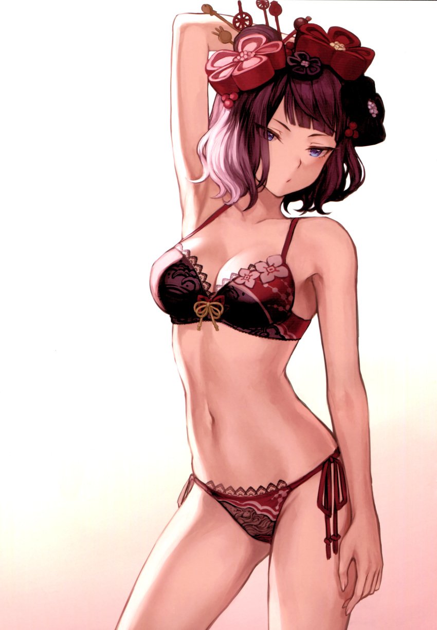 1girls armpits arms_up bangs bare_shoulders bell_haircut black_hair blue_eyes bra breasts clavicle cleavage closed_mouth cute_face fate/grand_order fate_(series) female female_only fingernails floral_print hair_ornament hair_stick high_resolution katsushika_hokusai_(fate) katsushika_oui_(fate) lingerie mashu_003 medium_breasts navel pantsu scan short_hair side-tie_panties signature solo underwear underwear_only very_high_resolution