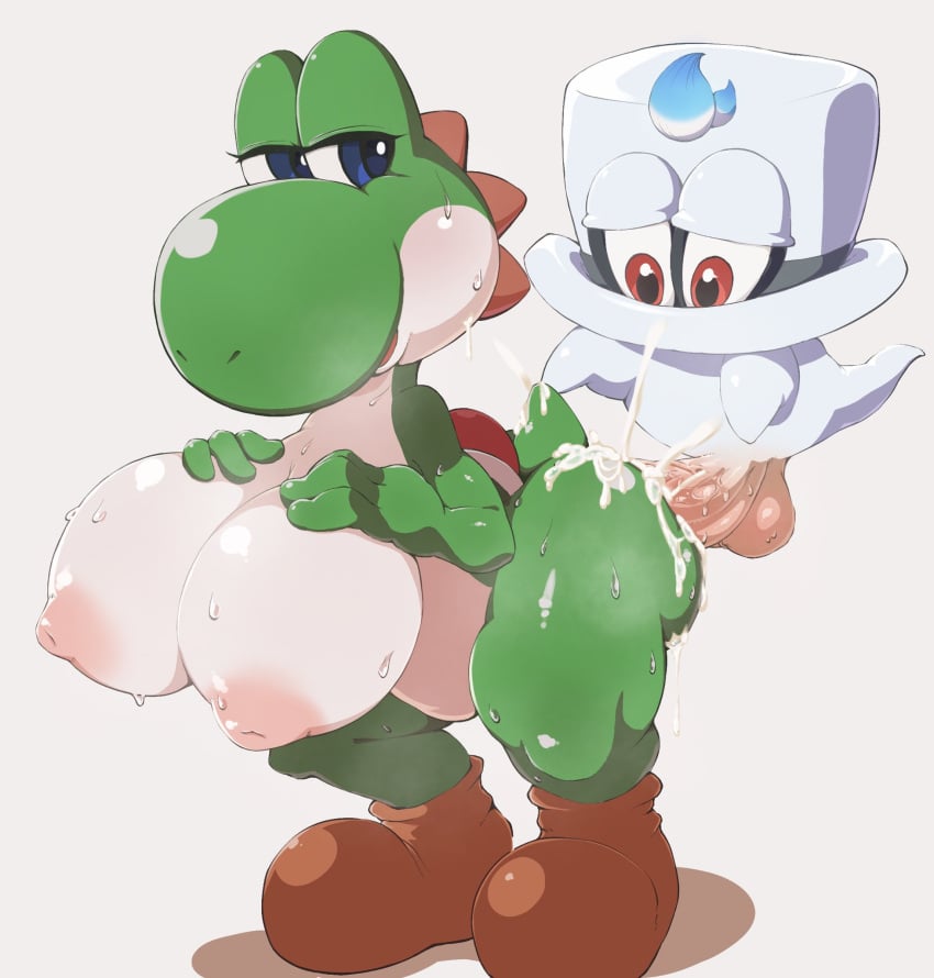 anthro balls big_balls big_breasts big_penis bodily_fluids breasts cappy_(mario) cum dinosaur erection female genital_fluids genitals green_yoshi hi_res male mario_(series) nintendo nude penis reptile scalie sex super_mario_odyssey sweat toxic0266 video_games white_background yoshi