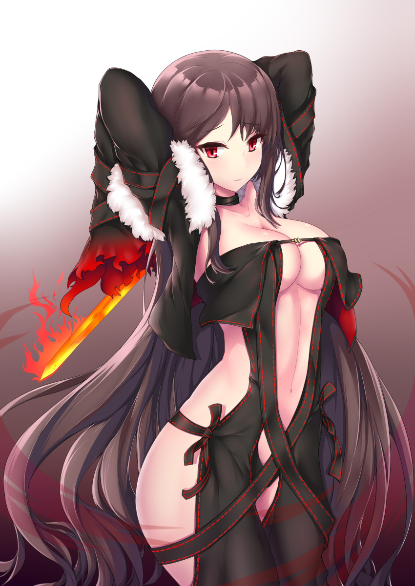 1834317030 bangs breasts brown_background brown_hair center_opening clavicle cleavage cowboy_shot eyebrows_visible_through_hair fate/grand_order fate_(series) female fur_trim gradient gradient_background high_resolution large_breasts long_hair long_sleeves navel no_bra nopan red_eyes solo sword very_high_resolution very_long_hair yu_miaoyi_(fate)