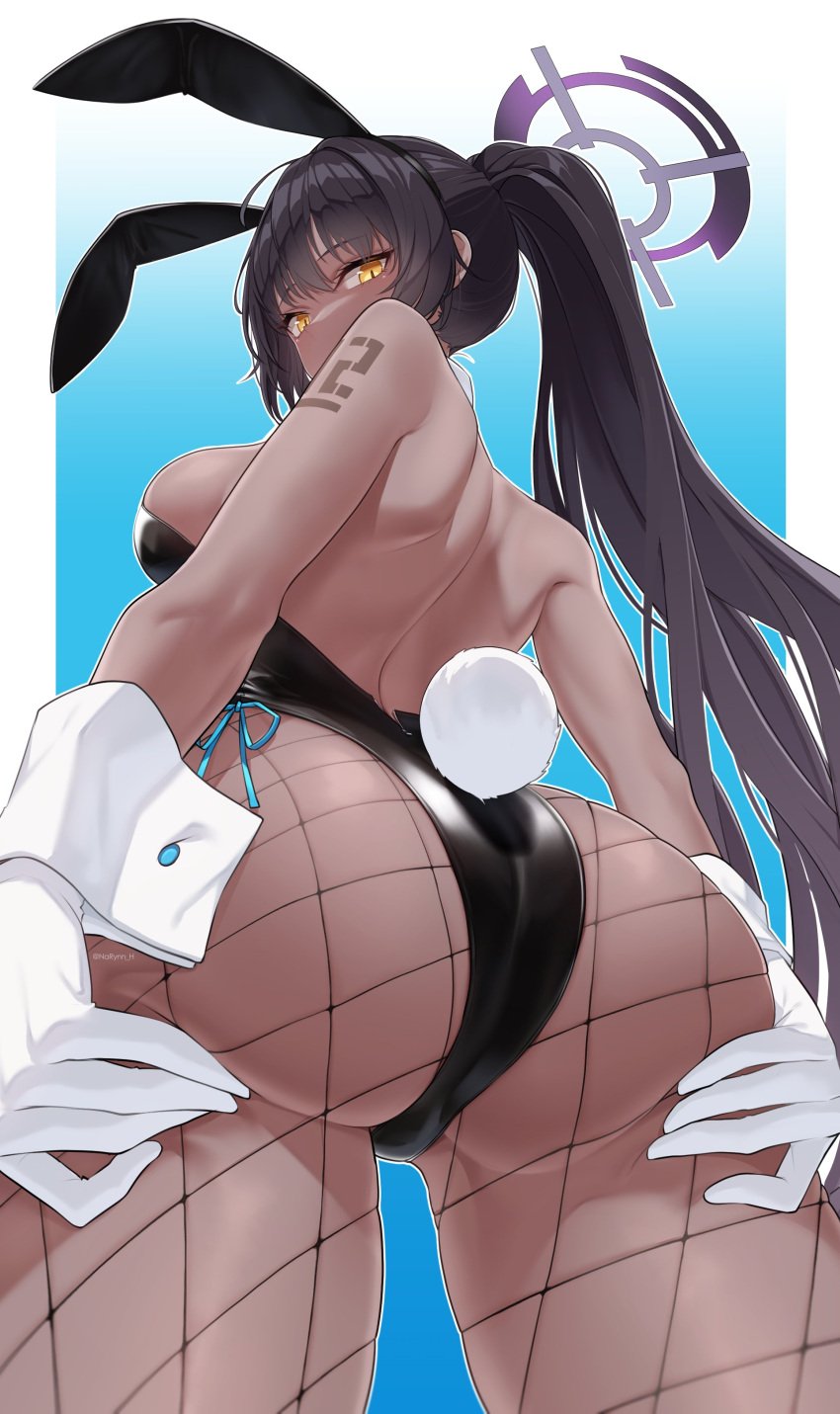 1girls animal_ears ass ass_focus ass_grab ass_support bare_shoulders black_hair blue_archive blush breasts bunny_ears bunny_tail cameltoe clothing dark_skin deep_skin embarrassed female fishnet_legwear fishnet_pantyhose fishnets from_behind gloves grabbing_own_ass groping halo high_resolution huge_ass karin_(blue_archive) karin_(bunny)_(blue_archive) karin_kaku large_breasts leotard long_hair looking_at_viewer looking_back millennium_science_school_student narynn orange_eyes pantyhose playboy_bunny ponytail pussy_visible_through_clothes shiny shiny_clothes shiny_hair shiny_skin sideboob solo tail tied_hair very_high_resolution very_long_hair viewed_from_below