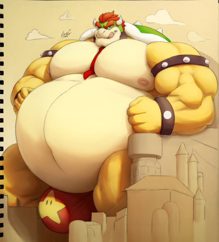 2020 absurd_res anthro ara_chibi armband barazoku belly big_belly big_bulge big_muscles bowser bracelet bulge castle clothing cloud collaboration collar colored croconut digital_media_(artwork) eyebrows hair hi_res horn huge_bulge huge_muscles hyper hyper_belly jewelry koopa licking licking_lips licking_own_lips looking_at_viewer macro male male_only mario_(series) mixed_media moobs musclegut muscular muscular_anthro muscular_male navel necktie nintendo nipples obese obese_anthro obese_male overweight overweight_anthro overweight_male pecs scalie self_lick shell signature simple_background small_head smile solo spiked_armband spiked_bracelet spiked_shell spikes spikes_(anatomy) standing tan_background thong tongue tongue_out traditional_media_(artwork) underwear video_games