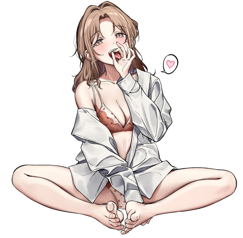 absurdres blonde_hair bra feet fellatio_gesture female highres ichikawa_hinana idolmaster idolmaster_shiny_colors lingerie liu_chi_tiantang_fr oversized_clothes oversized_shirt panties shirt sitting sitting_indian_style tagme underwear white_background