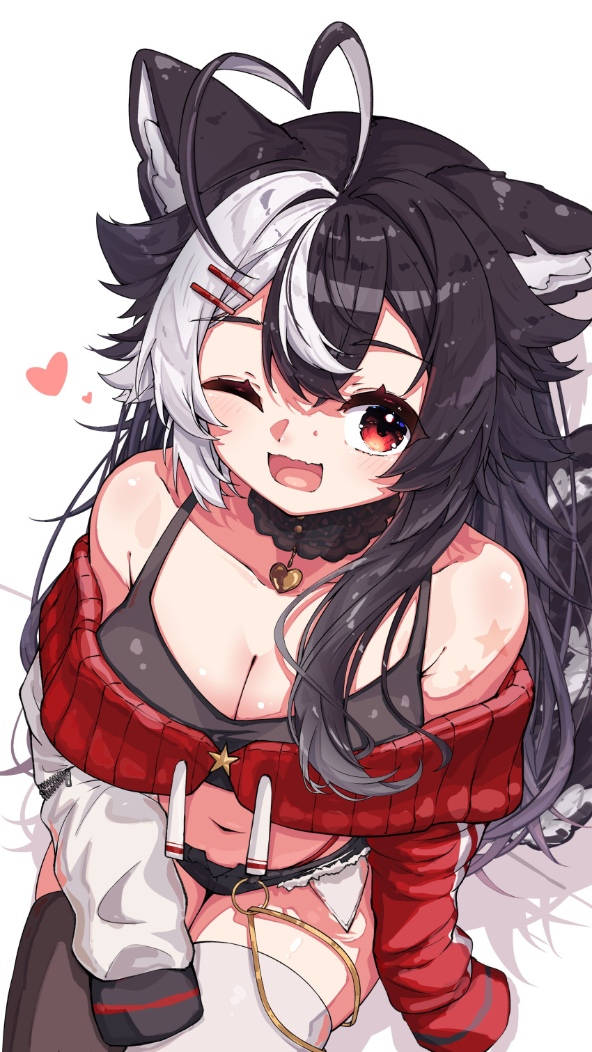 1girl rating:safe one_eye_closed animal_ears long_hair breasts black_hair thighhighs smile open_mouth solo ;d cleavage antenna_hair bare_shoulders hair_ornament red_eyes heart animal_ear_fluff off_shoulder hairclip navel looking_at_viewer jacket underwear long_sleeves large_breasts white_legwear blush sitting very_long_hair bell ahoge momotexx_(vtuber) vyugen