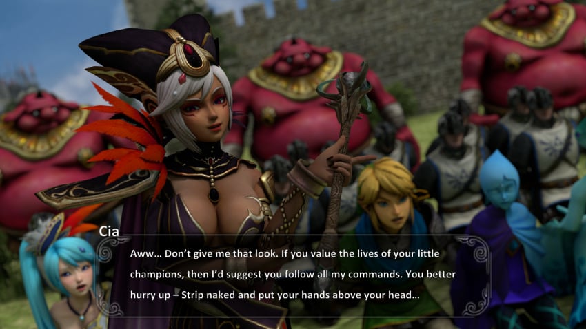 big_breasts blackmail blue_hair breasts captured captured_heroine cia_(the_legend_of_zelda) cleavage cleavage_cutout dark-skinned_female dark_skin defeated defeated_heroine dialogue english english_text female female_humiliation fi forced forced_exposure forced_presentation humiliation hyrule_warriors lana_(the_legend_of_zelda) light-skinned_female light_skin link link_(hyrule_warriors) lvl3toaster moblin moblin_(skyward_sword) multiple_boys multiple_girls nude nude_female princess red_eyes removed_armor removed_bra removed_clothing speech_bubble spoils_of_war stripping submission surrendering text text_box the_legend_of_zelda thighs threatening threatening_violence threatening_with_weapon white_hair