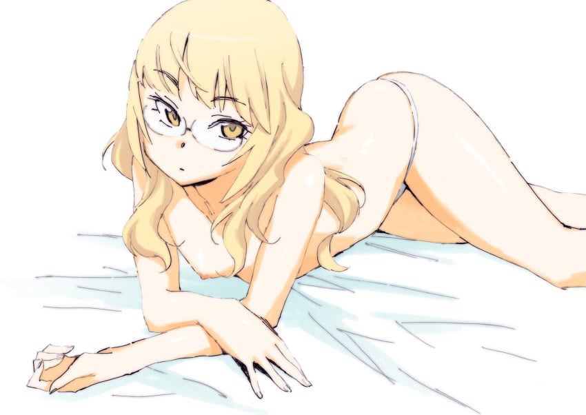 blonde_hair brown_eyes flat_chest glasses highres katou_haruaki long_hair lying panties perrine_h_clostermann pointy_chin strike_witches topless underwear