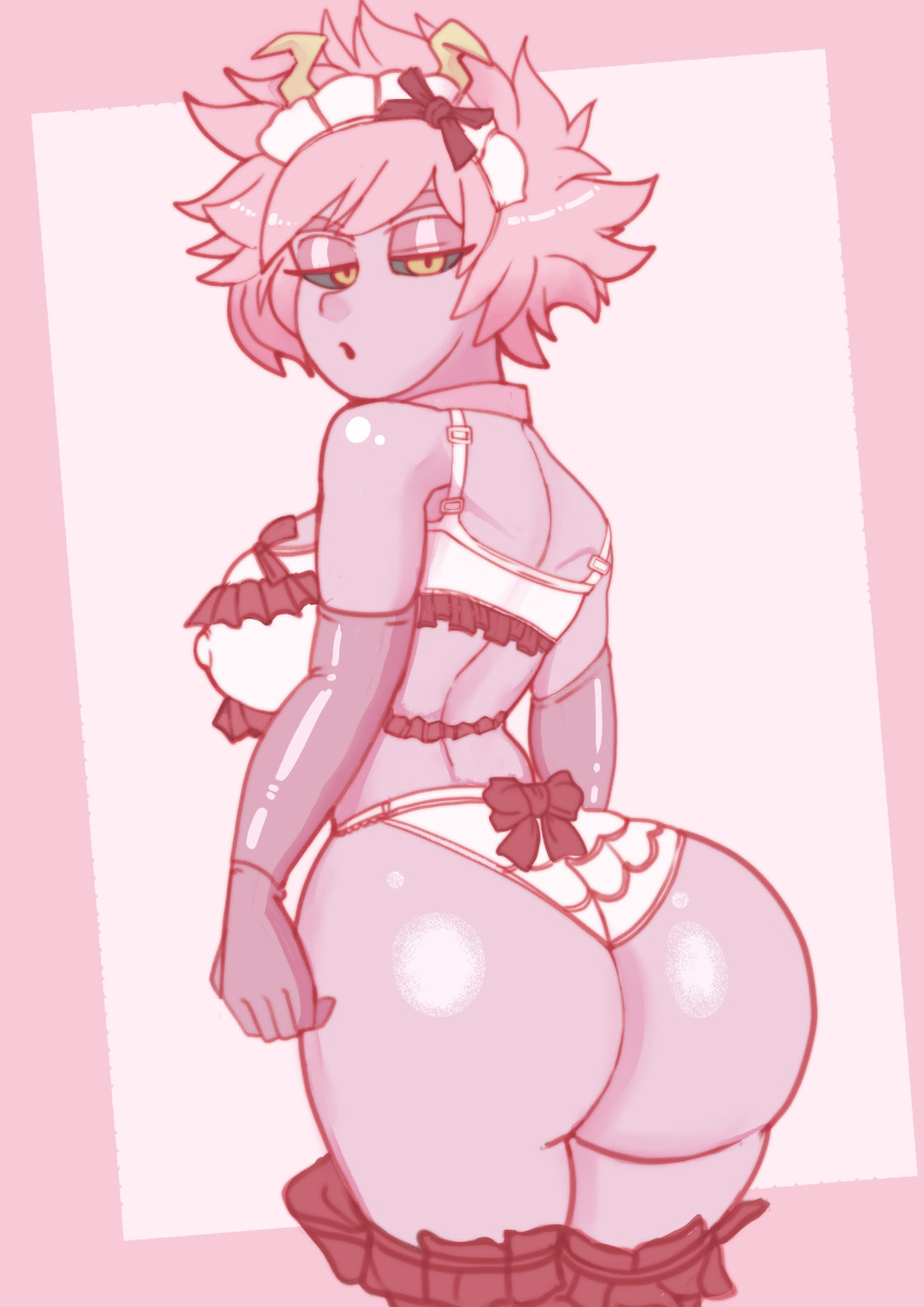 1girls annoyed ass big_ass black_sclera breasts eye_contact horns lewddragon5 looking_at_viewer mina_ashido my_hero_academia panties pink_hair pink_skin short_hair standing thick_thighs thighhighs thighs underwear yellow_eyes