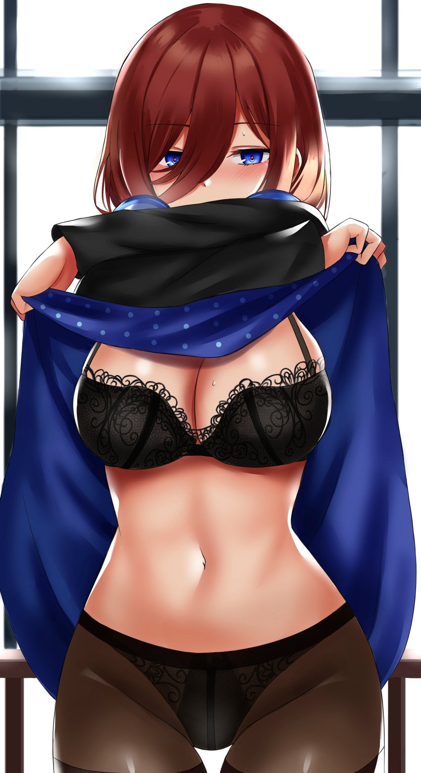 1girls absurdres bangs black_bra black_legwear black_panties blue_dress blue_eyes blush bra breasts brown_hair commentary_request curvy dress eyebrows_visible_through_hair farys_(afopahqfw) female female female_focus female_only go-toubun_no_hanayome hair_between_eyes headphones headphones_around_neck heart heart_eyes highres hip_focus large_breasts long_hair long_sleeves looking_at_viewer midriff nakano_miku navel panties pantyhose solo solo_female solo_focus standing stomach sweat thighband_pantyhose underwear undressing