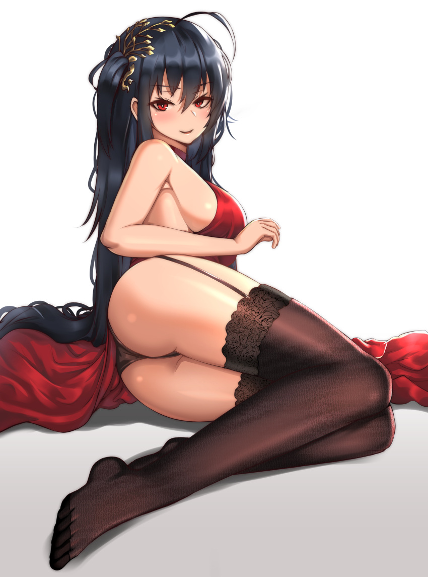 1girls 2020 absurdres ass azur_lane bangs bare_shoulders black_hair black_legwear blush breasts choker clyde_s cocktail_dress dress eyebrows_visible_through_hair feet female female female_focus female_only garter_straps gradient gradient_background hair_between_eyes hair_ornament highres large_breasts long_hair looking_at_viewer red_dress red_eyes sideboob sitting smile solo solo_female solo_focus taihou_(azur_lane) taihou_(forbidden_feast)_(azur_lane) thighhighs very_long_hair