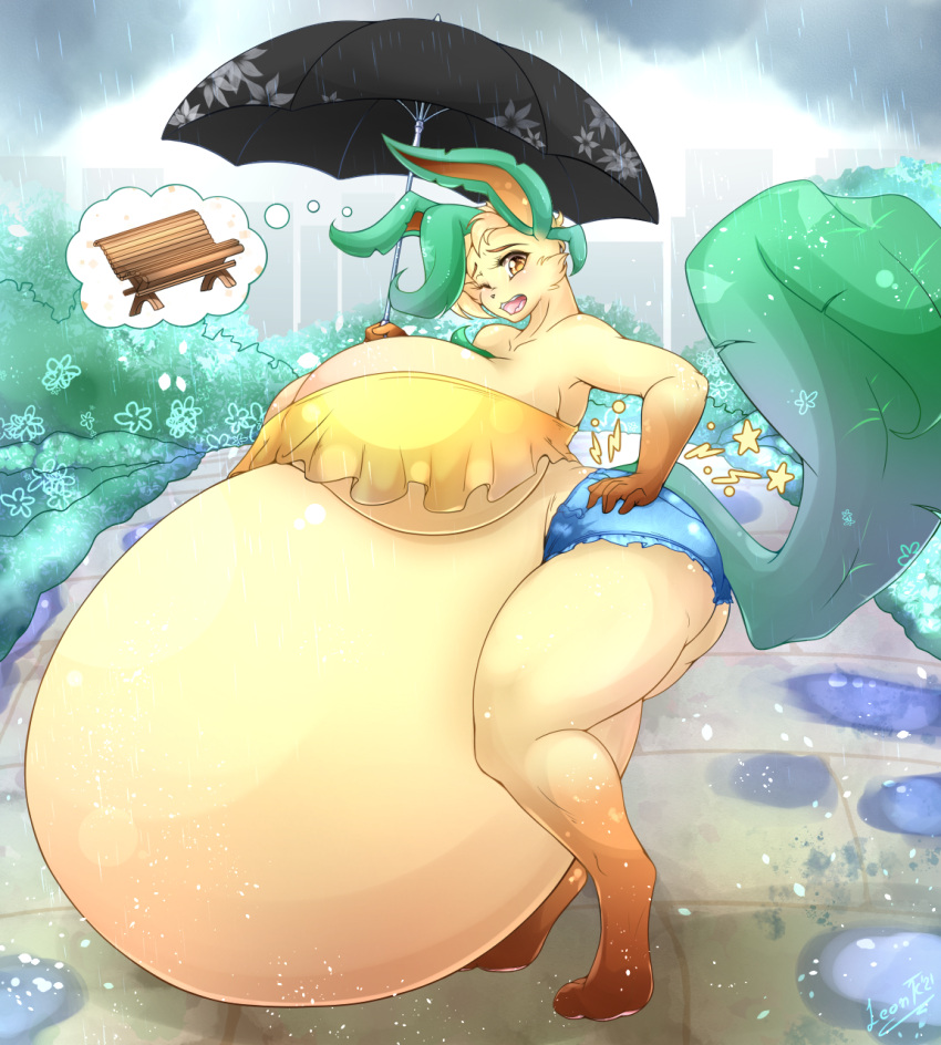 amber_eyes anthro ass belly booty_shorts breasts crop_top digitigrade_legs female fully_clothed furry hyper_belly hyper_pregnancy large_belly large_breasts large_tail leafeon leonkatlovre light_fur open_mouth outside pokemon pokemon_(species) pregnant pregnant_belly raining short_shorts shorts side_view solo_female thought_bubble umbrella underboob