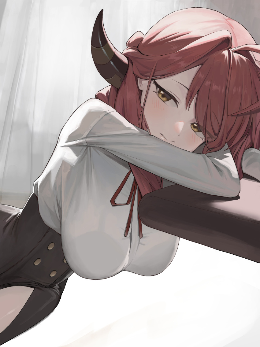 arm_support aru_(blue_archive) black_skirt blue_archive blush bra bralines breasts brown_hair closed_mouth curtains dress_shirt female gehenna_academy_student goowonjoon hanging_breasts high-waist_skirt high_resolution horned_female horned_humanoid horns large_breasts long_hair long_sleeves looking_at_viewer neck_ribbon problem_solver_68_(blue_archive) reclining red_neckwear red_ribbon ribbon see-through shirt short_hair skirt smile underwear very_high_resolution yellow_eyes