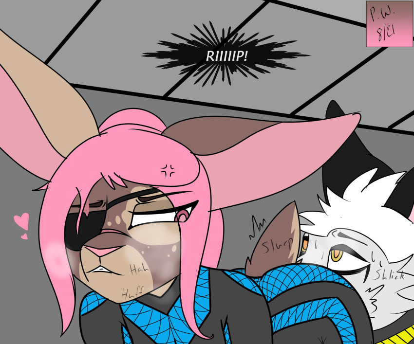 1_eye all_fours angry anthro belladonna_(prismatic_wolf) breath canid canine canis clenched_teeth clothing cross-popping_vein cunnilingus duo eye_patch eye_scar eyewear facial_scar female hair hi_res lagomorph leporid male male/female mammal oral panting pink_eyes pink_hair prismatic_wolf rabbit scar sex sound_effects teeth tight_clothing tired_eyes vaginal_penetration wolf wolf_(prismatic_wolf) yellow_eyes