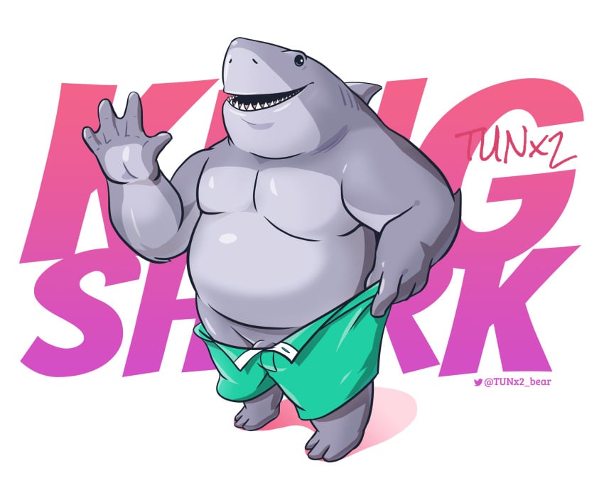 1boy 2021 5:4 anthro clothing dc_comics fish genitals grey_body hi_res kemono king_shark male male_only marine overweight overweight_male penis shark solo solo_male swimwear text tunx2