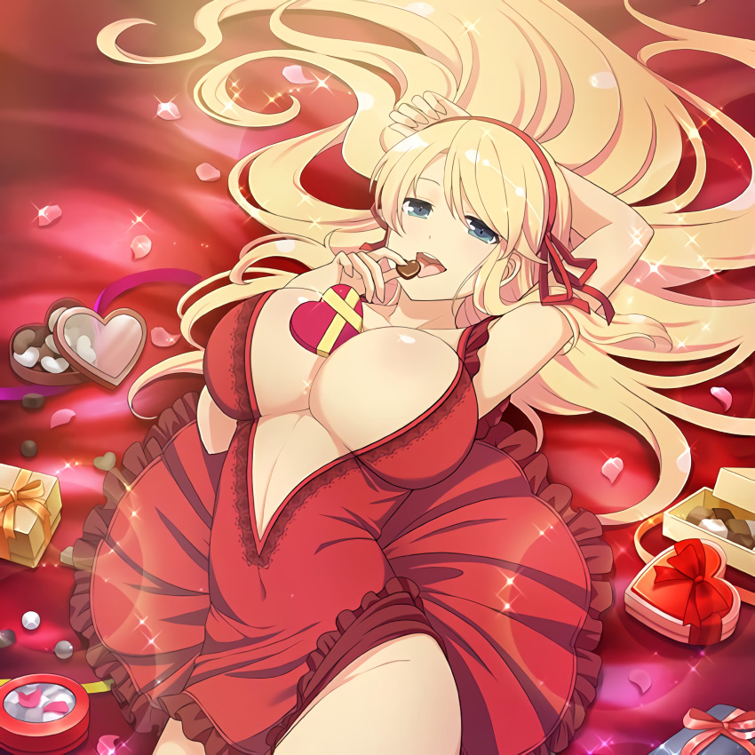 1girls aqua_eyes bed big_breasts blonde_hair breasts bursting_breasts center_opening chocolate chocolate_box cleavage diadem female huge_breasts katsuragi_(senran_kagura) long_hair looking_at_viewer naughty_face navel_line no_bra no_panties official_art on_bed present red_dress red_sheets senran_kagura tongue yaegashi_nan