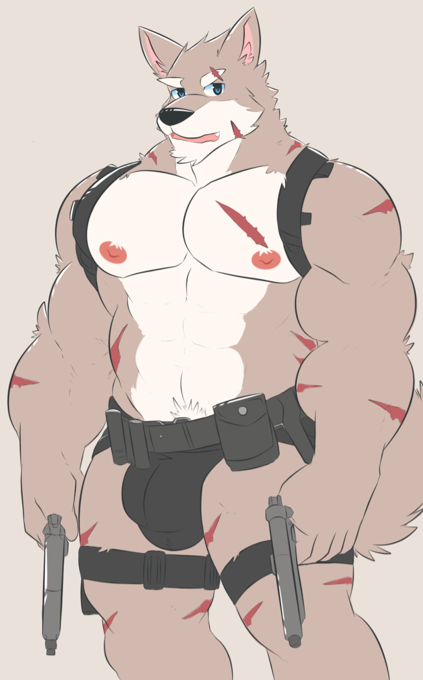 2021 abs anthro arm_scar blue_eyes bulge canid canine canis chest_scar clothing dual_wielding facial_scar frankescobarx grey_background gun hi_res holding_object holding_weapon leg_scar looking_at_viewer male mammal muscular muscular_anthro muscular_male nipples open_mouth pecs pink_nipples ranged_weapon ryan_grant scar simple_background solo underwear weapon wolf