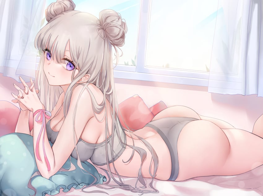 ass bare_arms bare_shoulders bed breasts camisole cleavage crop_top curtains double_bun e_myo female female grey_hair grey_panties high_resolution interlocked_fingers large_breasts large_filesize long_hair looking_at_viewer lying on_bed on_stomach original pantsu pillow purple_eyes smile solo spaghetti_strap strap_gap thong underwear underwear_only very_high_resolution window yumaomi