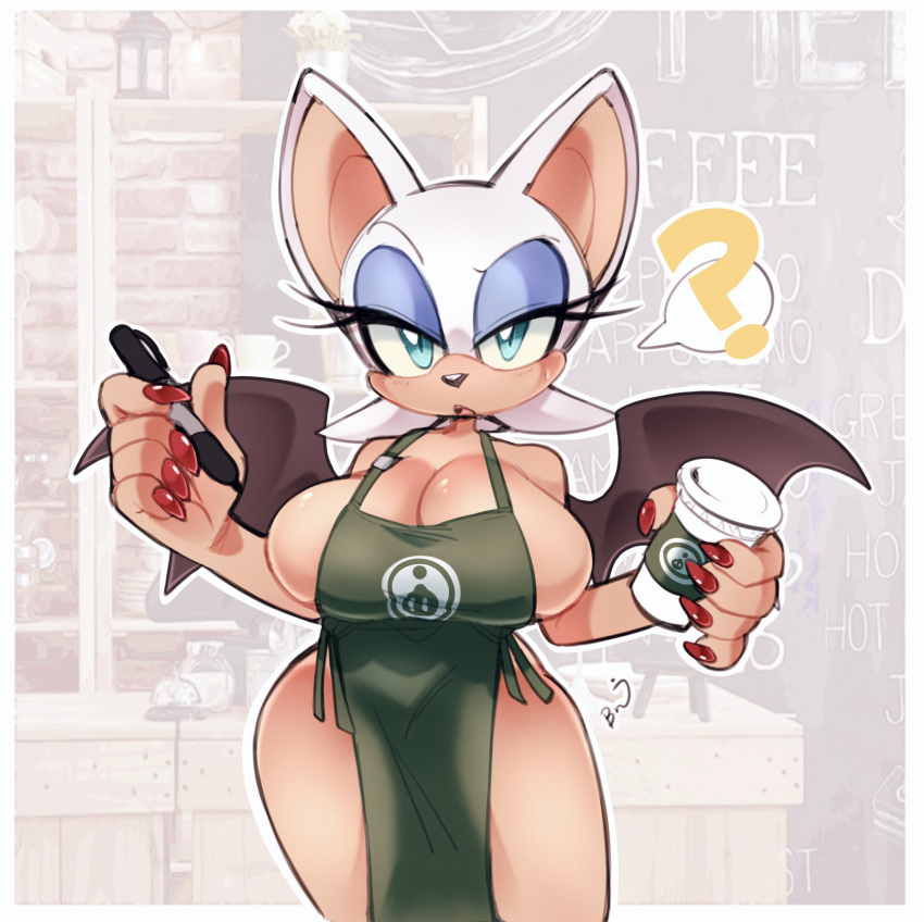 1girls ? apron apron_only bat bat_ears bat_wings big_breasts blue_eyes breasts female female_focus female_only green_apron holding_object iced_latte_with_breast_milk meme milkchaotea misswerehog punkinbuu red_nails rouge_the_bat sonic_(series) starbucks thick_thighs thighs