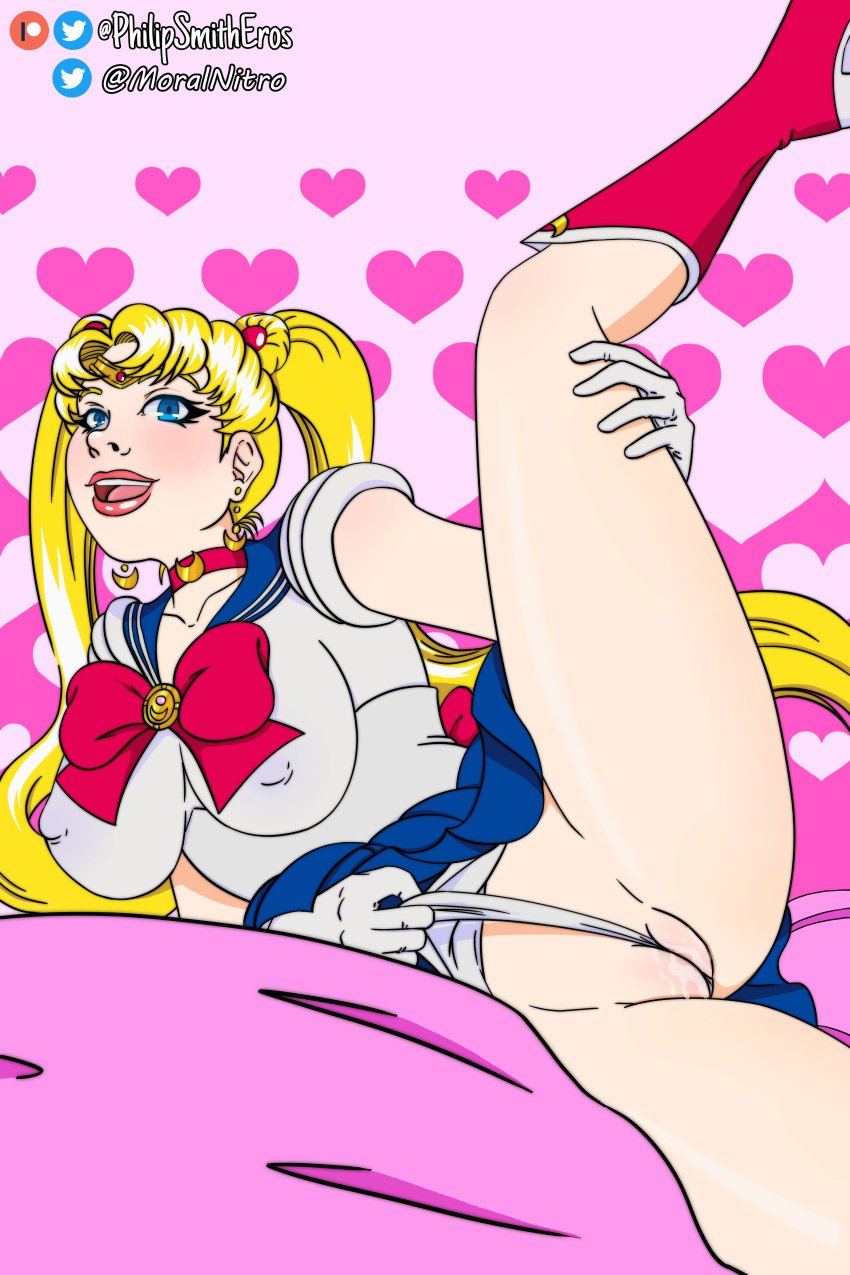 between_labia big_breasts bishoujo_senshi_sailor_moon blonde_hair blue_eyes boots clothing erect_nipples erect_nipples_under_clothes female female_focus female_only gloves innie_pussy lipstick looking_at_viewer magical_girl medium_breasts panties philipsmitheros sailor_moon sailor_senshi_uniform short_skirt skirt solo twintails twitter_username usagi_tsukino wedgie