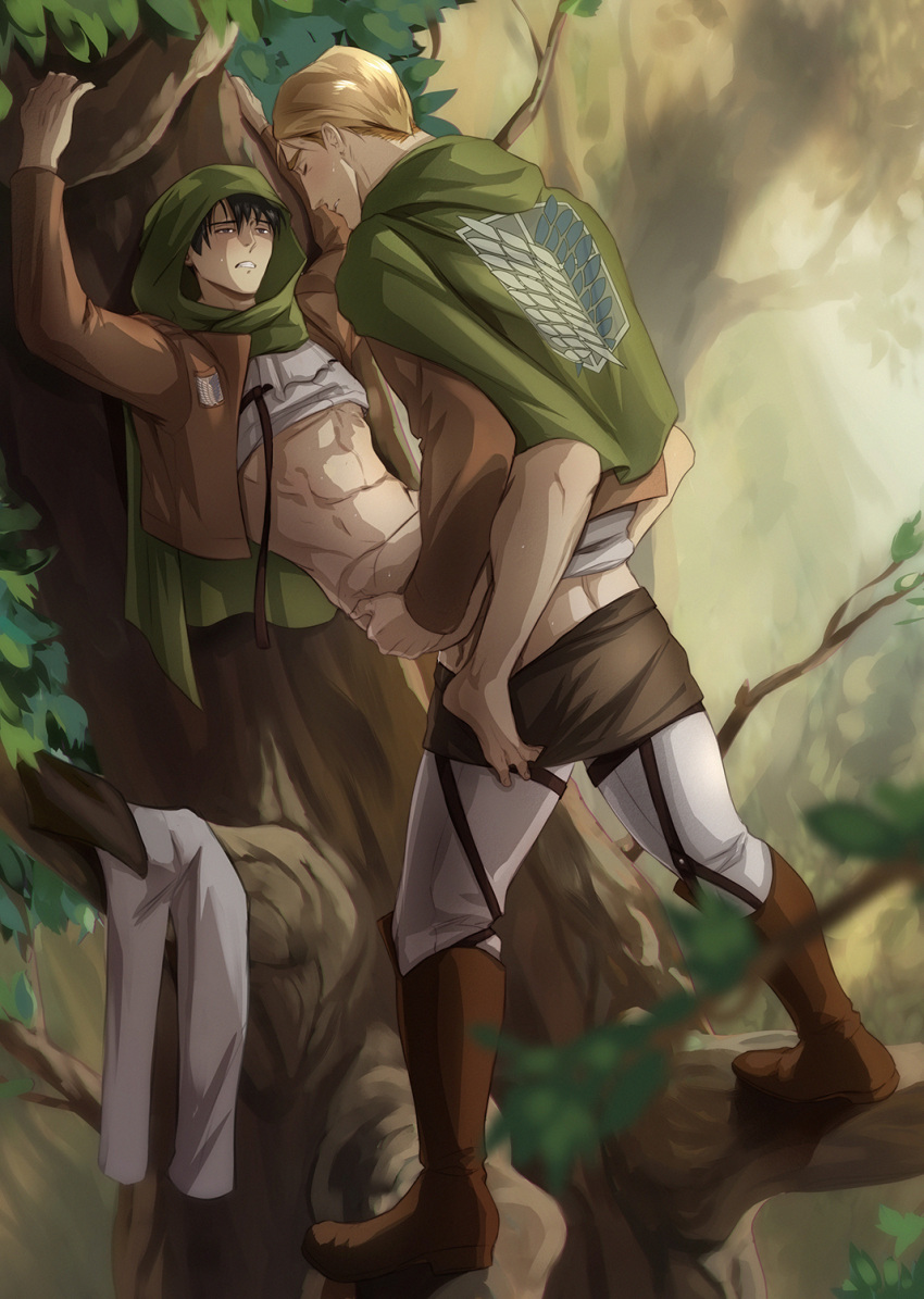 2boys against_tree anal anal_sex arms_above_head arms_up attack_on_titan barefoot blonde_hair boots closed_eyes clothing_aside erwin_smith feet gay gravesecrets harness leg_around_waist legs_around_partner levi levi_ackerman male male/male male_only male_penetrated male_penetrating male_penetrating_male military_uniform outdoors outside partially_clothed shingeki_no_kyojin stand_and_carry_position standing_sex yaoi