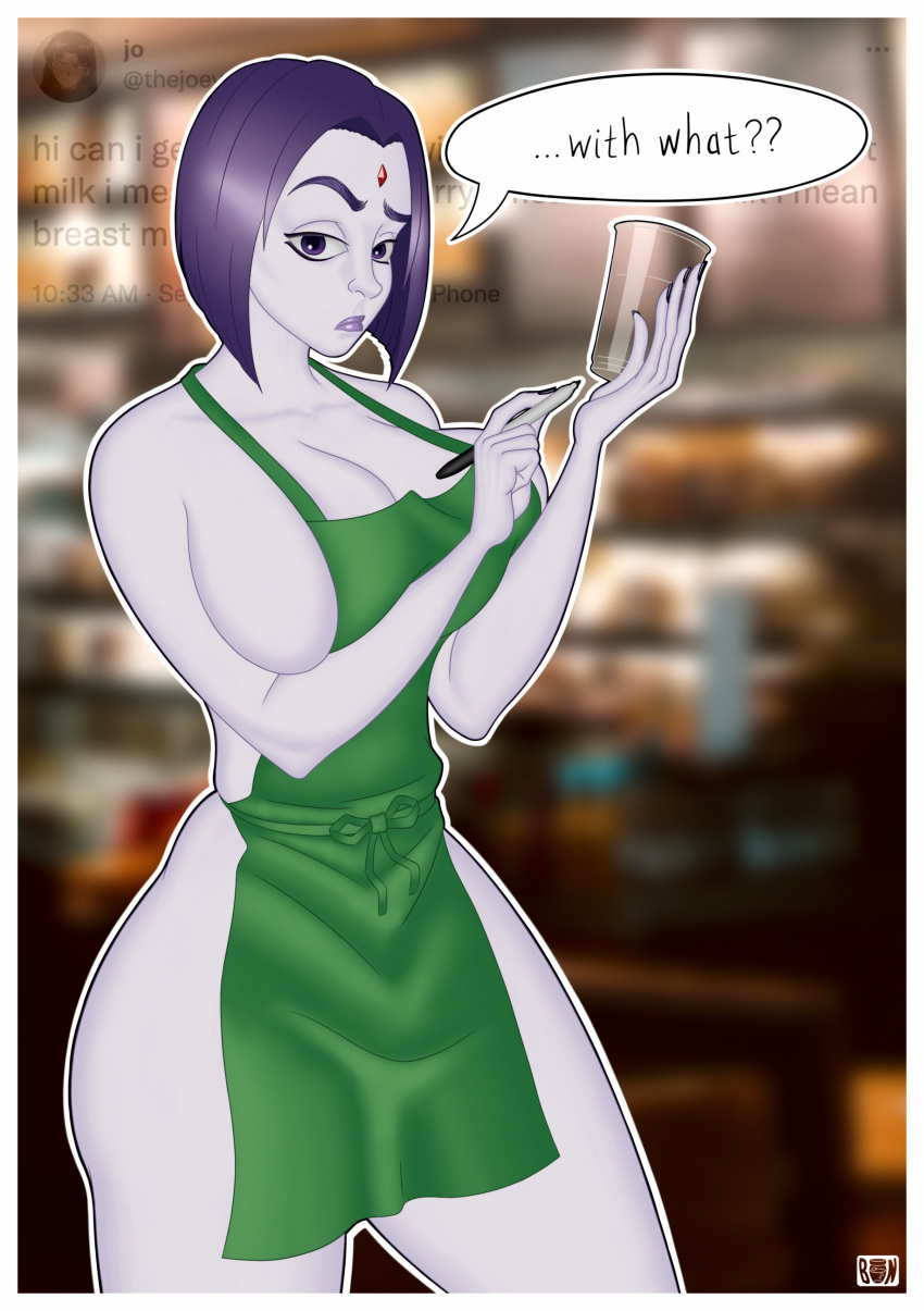 1girls annoyed apron bare_shoulders barista blurry_background bottledneon breasts cafe cleavage confused confusion curvaceous curvy dc dc_comics fanart female forehead_jewel goth hadaka_apron iced_latte_with_breast_milk large_breasts looking_at_viewer meme meme_attire purple_eyes purple_hair rachel_roth raven_(dc) shoulder_length_hair sideboob skindentation smooth_skin solo speech_bubble starbucks superheroine teen_titans thick_thighs thighs wide_hips