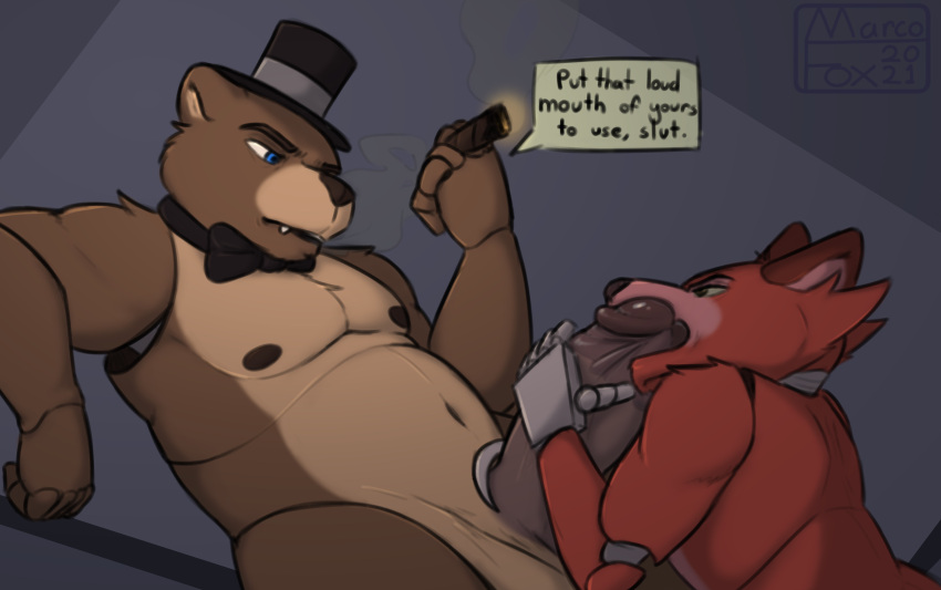 2boys absurd_res anthro balls belly big_penis black_bow_tie blue_eyes bodily_fluids bow_tie canid canine cigar clothing degradation dialogue dialogue_box duo english_text five_nights_at_freddy's fox foxy_(fnaf) freddy_(fnaf) gay genitals glans hand_on_penis hat headgear headwear hi_res hook humanoid_genitalia humanoid_penis insult machine male male/male male_only mammal marcofox navel nipples oral penis saliva smoke smoking suckling text ursid video_games yaoi yellow_eyes