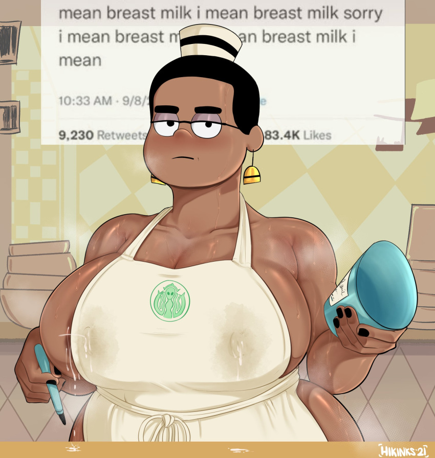 1girls 2021 african_female alternate_version_available apron apron_only areola_slip artist_name big_breasts black_milf blush chubby chubby_female dark-skinned_female dark_nipples dark_skin earrings english_text female female_only flo_(kid_cosmic) giant_breasts glasses hat hikinks huge_breasts iced_latte_with_breast_milk kid_cosmic_(series) lactating lactation lactation_through_clothes looking_at_viewer meme milf naked naked_apron netflix nipples_visible_through_clothing painted_nails shiny_skin short_hair solo steam steaming_body sweat sweating sweaty_body text twitter very_short_hair voluptuous voluptuous_female waitress wide_hips